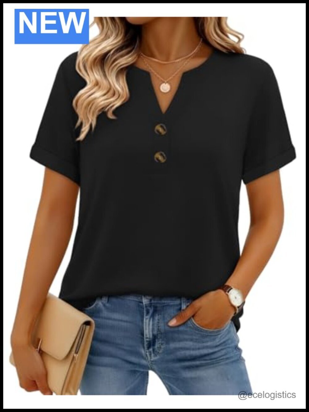 Short Sleeve Henley V Neck Tee - Dressy Casual Plus Size Tops